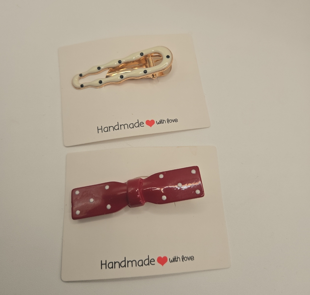 Handmade Kids Hair Clip and Bow Set - Red and Cream